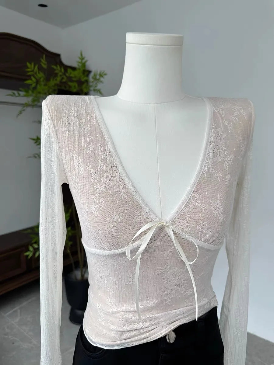 maoxiangshop Coquette Aesthetic Mesh T Shirts Women Vintage V Neck Lace Bow Cropped Tops Y2k Sexy Slim Fit Long Sleeve Tee Shirts