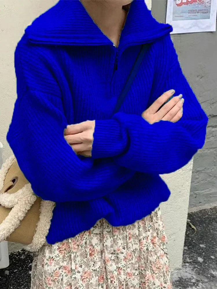 maoxiangshopKnitted Zippers Sweater Women LOOSE Solid Warm Fashion Women Sweaters New Long Sleeved Top Oversized Women's Sweaters