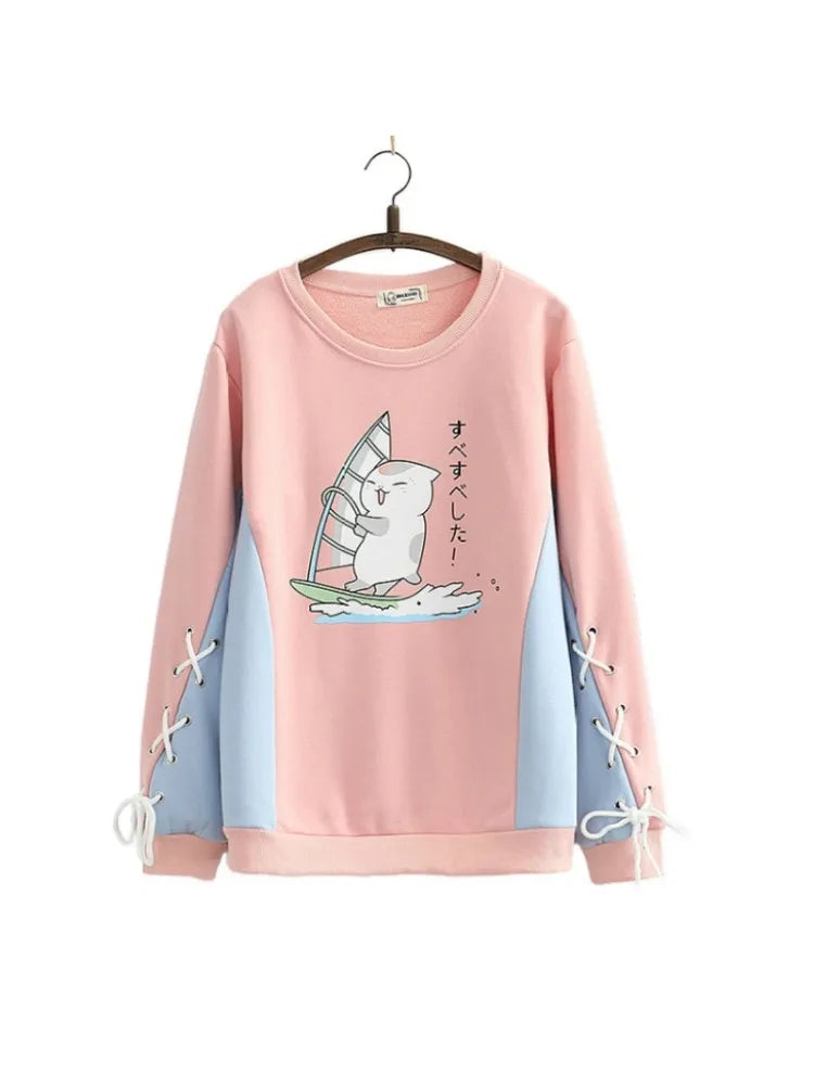 Fleece Plus Velvet Hoodies Sweatshirts For Teen Girls Cartoon Print O-neck Winter Thick Cute Pullover Tracksuits