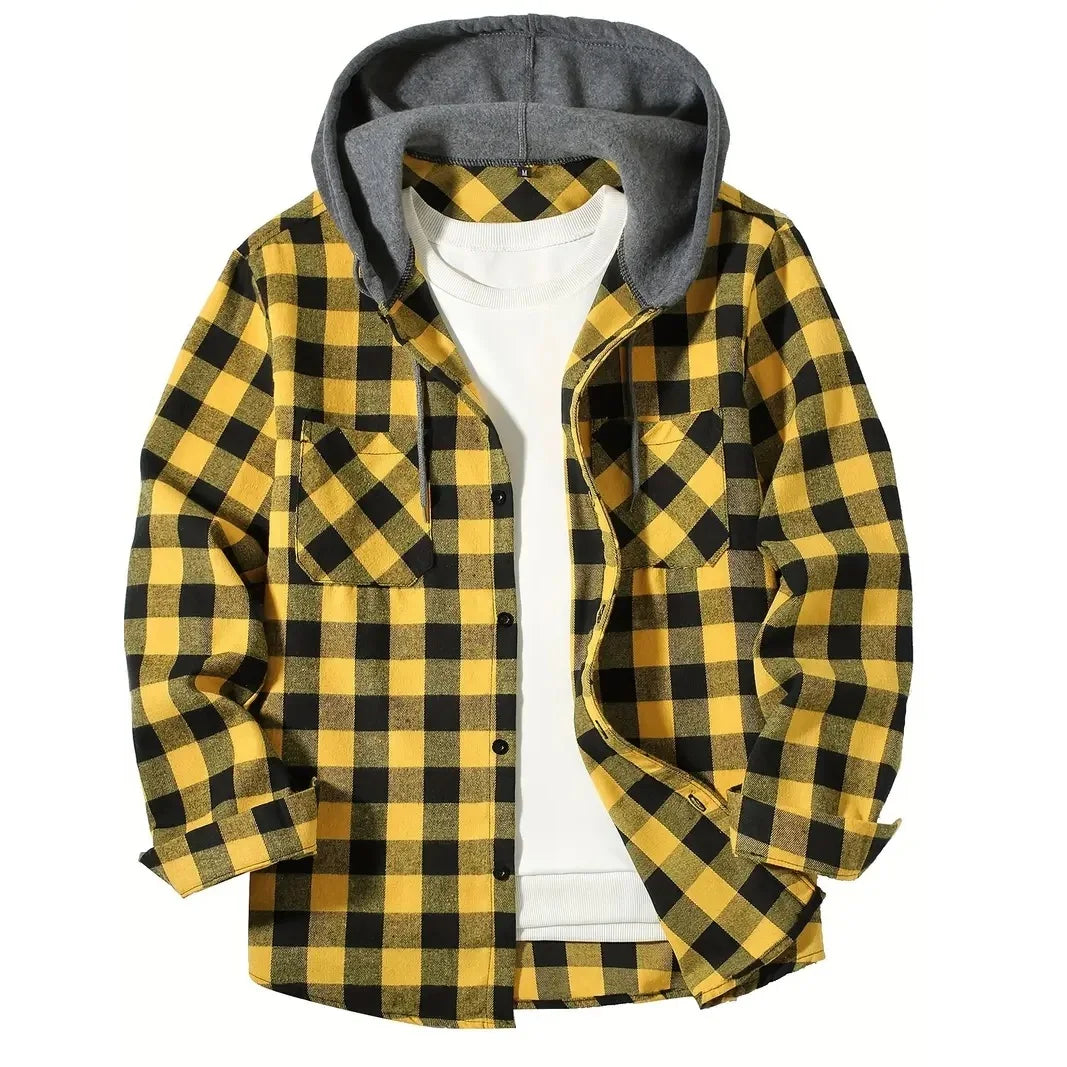maoxiangshop Spring Autumn Men's Hoodies Shirts Classic Plaid Casual Button Down Hooded Long Sleeved Double Pockets Shirt Flannel Jacket Tops