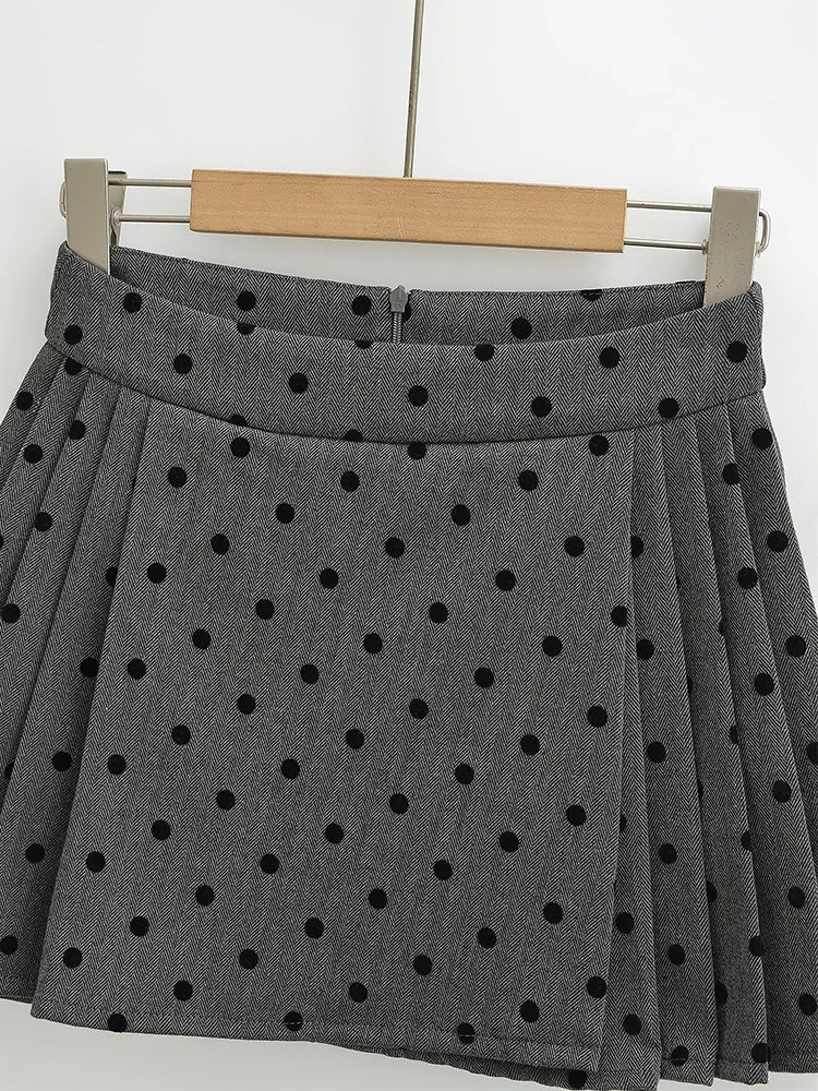 maoxiangshop - 2024 Women Fashion Sweet Polka Dot Chic Pleated Mini Skirt Preppy Style Mid Waist Short Skirts Cute Split Skorts