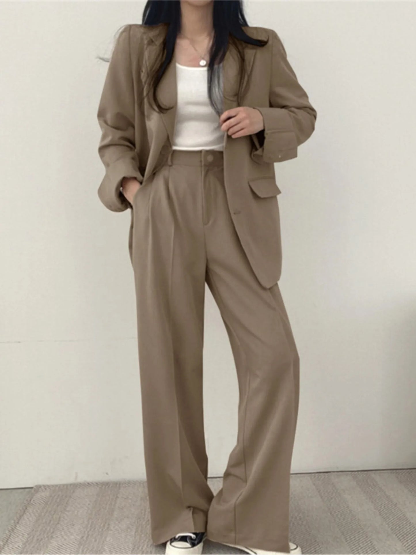 Korean Office Lady Fashion Blazer Suit Women's Two-Piece Set Casual Button Jacket Wide Leg Pants Outfits Work Clothes Autumn New
