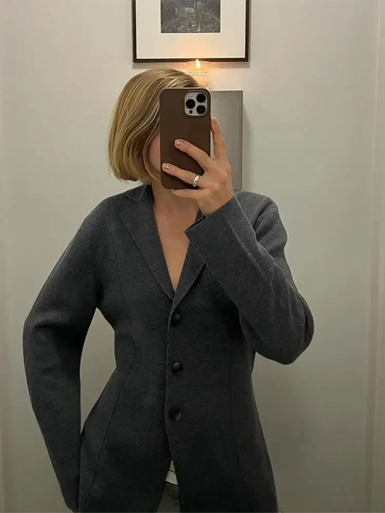 maoxiangshop - Fashion Women Gray Single Breasted Knitted Blazer Elegant Lapel Long Sleeve Slim Coat Autumn Chic Lady Commuting Street Outwear
