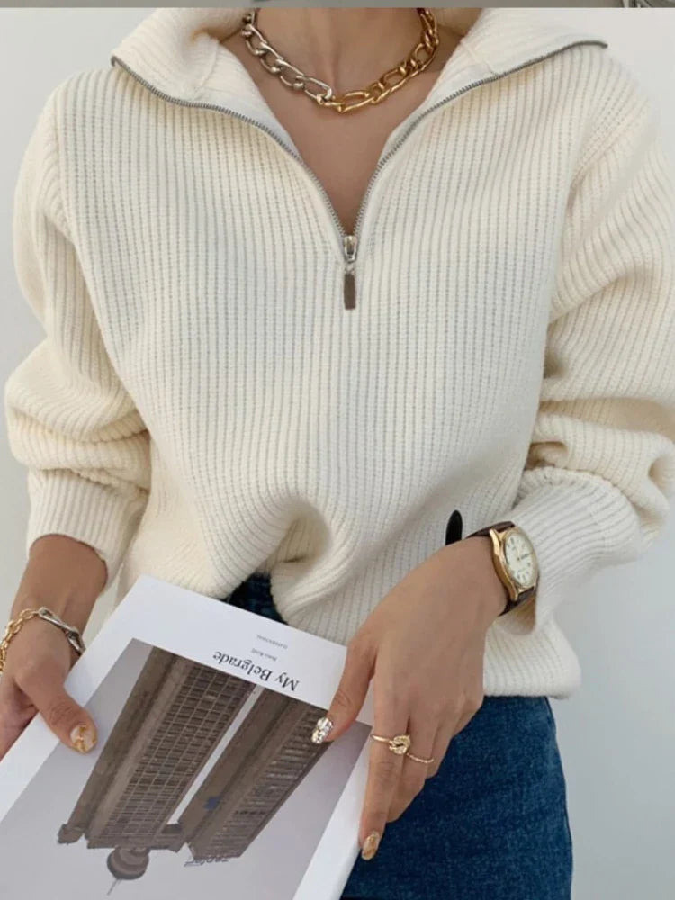 maoxiangshopKnitted Zippers Sweater Women LOOSE Solid Warm Fashion Women Sweaters New Long Sleeved Top Oversized Women's Sweaters