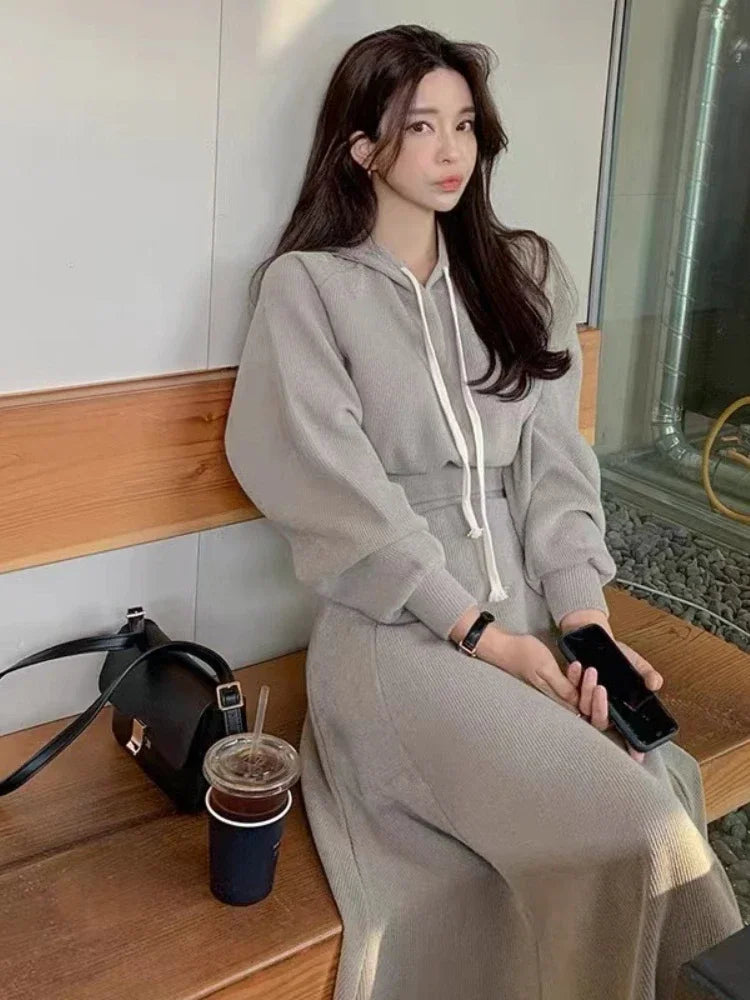 maoxiangshop maoxiangshop- Spring Autumn New Korean Women's Skirt Set Hooded Long Sleeve Hoodies Tops High Waisted Half Length Skirt 2 Piece Sets Womens