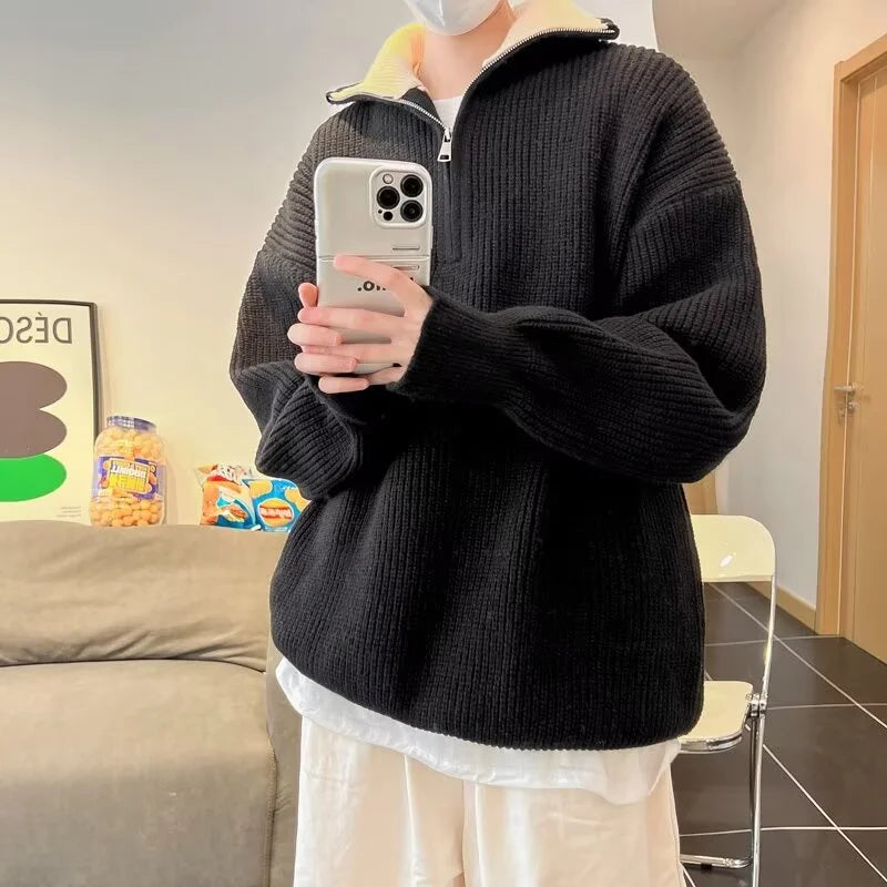 maoxiangshop FALL OUTFITS MEN Autumn Men's Half Zipper Knitted Pullover Sweater Y2K Vintage Casual Knitwear New Stand-up Collar Loose jersey hombre