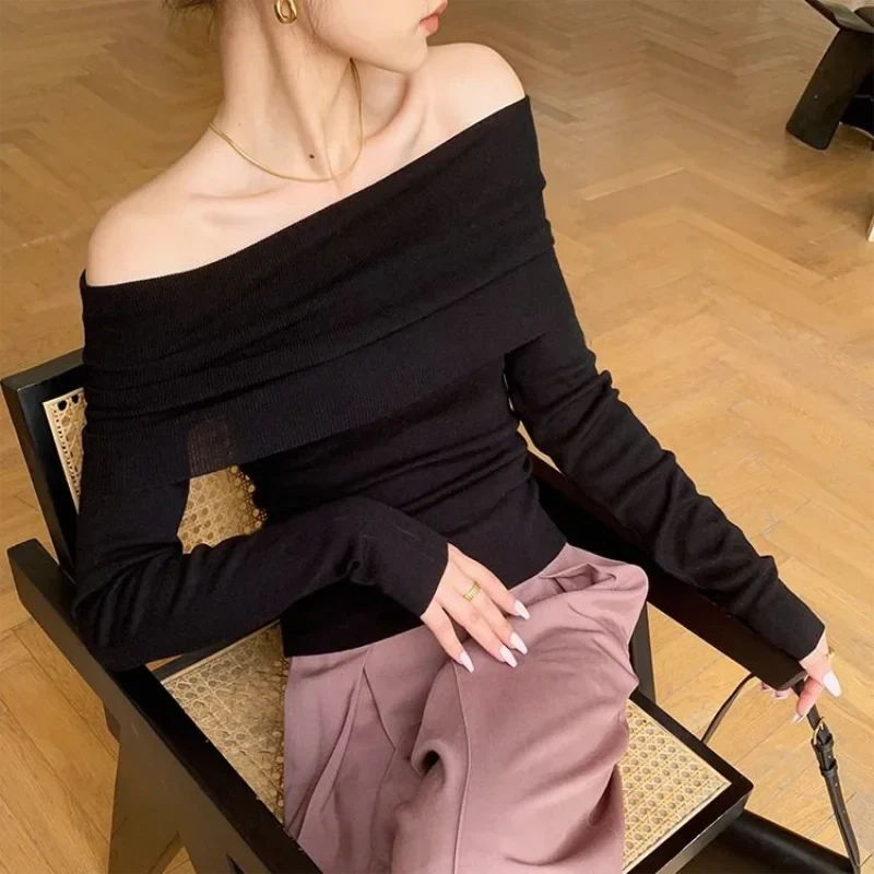 maoxiangshopBlack Solid Off Shoulder Elegant Long Sleeve Tops Korean Fashion Slim Sexy Cropped T Shirt Women Autumn Y2k Clothing Skinny Top