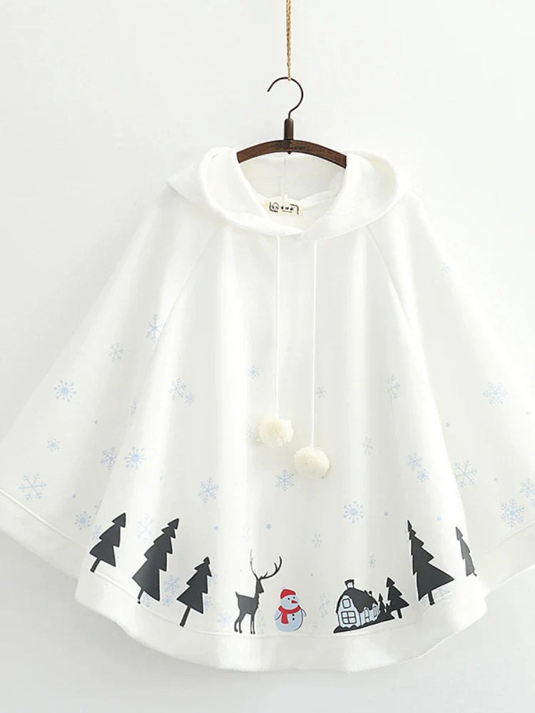 Women's Poncho Fleece Hooded Cape Coat Cartoon Print Batwing Sleeve Bat Sleeved Female Winter Outwear Jacket