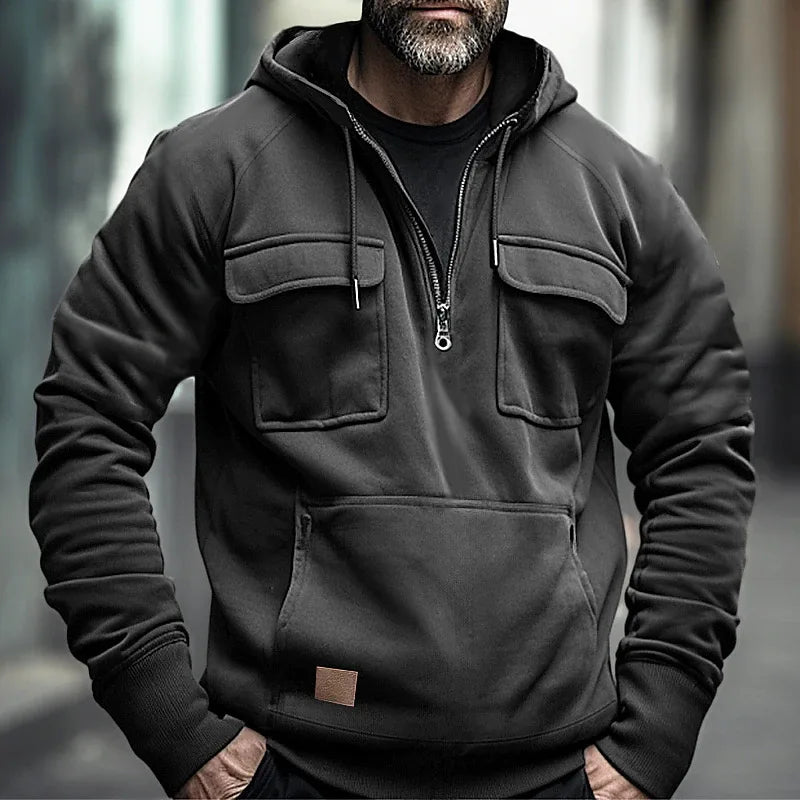 maoxiangshop Half Zipper Men's Hoodies Solid Warm Fleece Sweatshirts Multi Pockets Male Hooded Jackets Thick Outdoor Polar