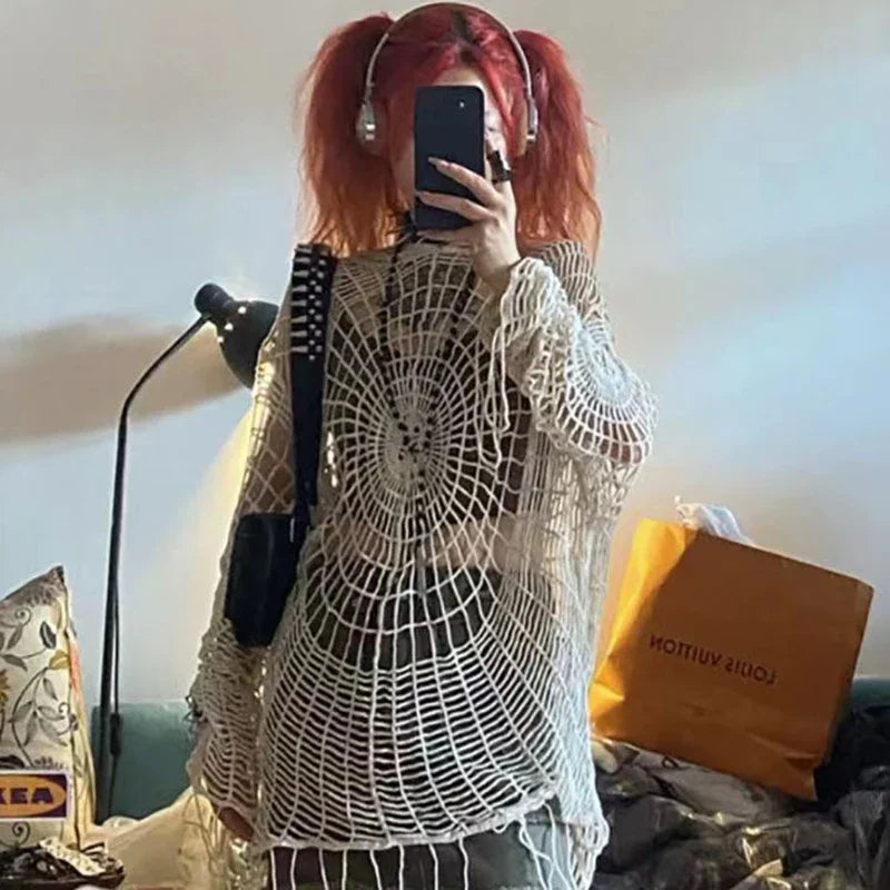 maoxiangshop-Hollow Out Y2K Hooded Pullovers Women Goth Grunge Crochet Spider Web Tops Lady Sexy High Street Baggy Tassel Thin Clothes