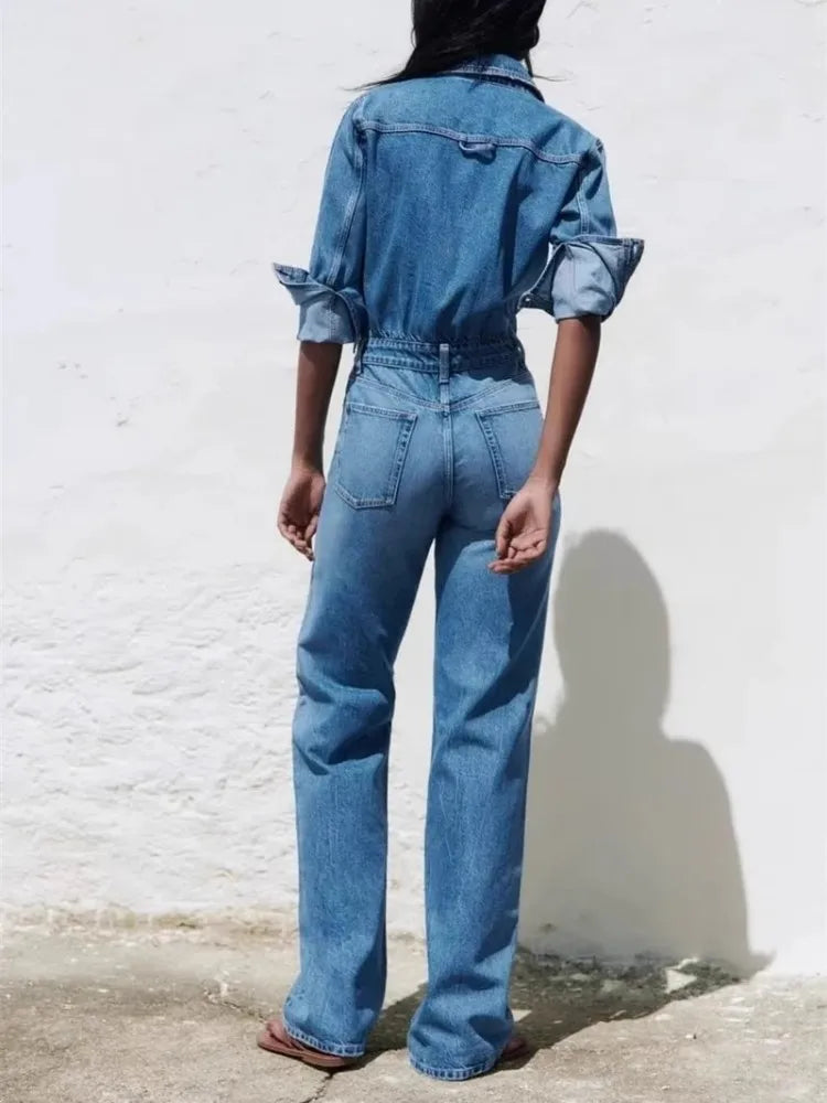 maoxiangshop - European And American Style Blue Denim High Waisted Jumpsuit Women'S Spring And Autumn Collar Casual Fashion Pants Straight Leg