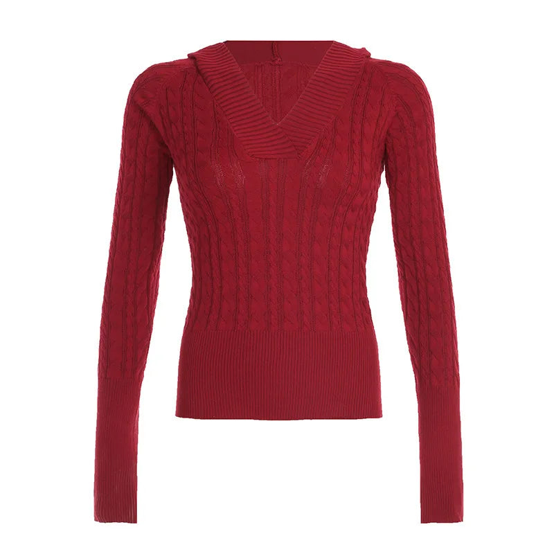 maoxiangshop - Twisted Flower Woven Hooded Sweater Women V-Neck Long Sleeve Solid Color Slim Casual Sweatshirt Autumn/Winter Streetwear