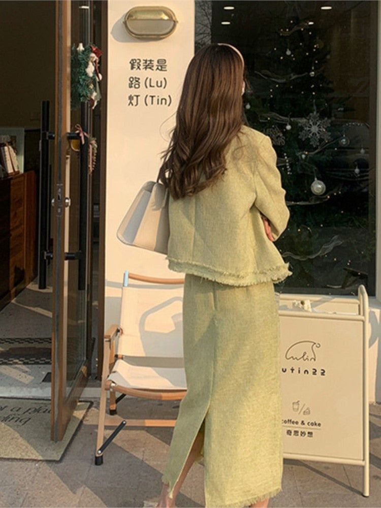 maoxiangshop Spring Green Tweed Two Piece Set Women Skirt Korean Fashion Long Sleeve Jacket + Midi Skirt Suits Vintage Femme 2 Pieces Outfits