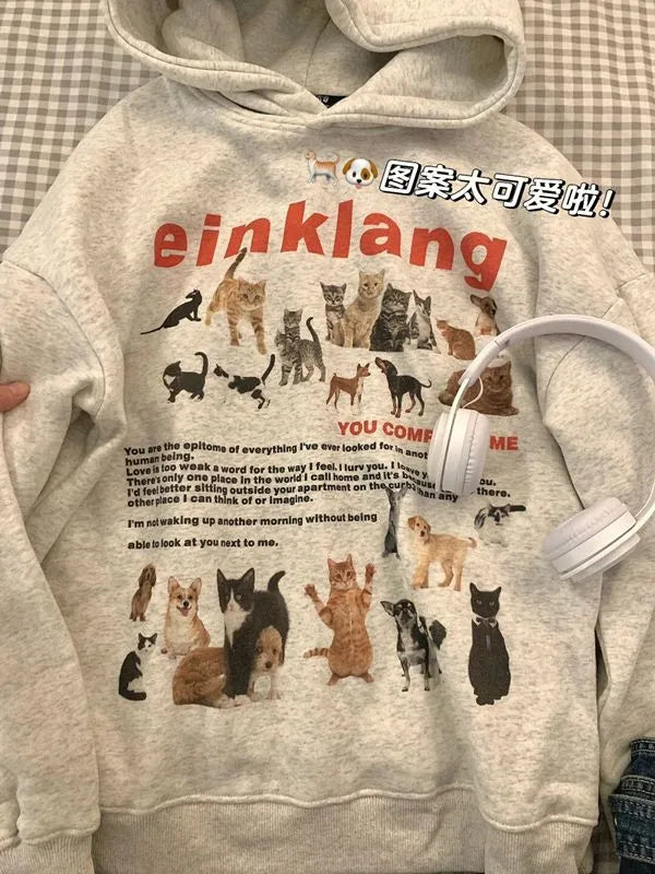 maoxiangshop2 Cat Dog Print Sudadera Fleece Loose Animal Pullovers Hooded Thick Casual Tops High Street American Women Vintage Sweatshirt