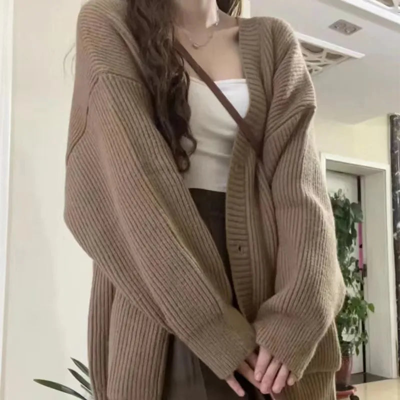 maoxiangshop Autumn Winter Women Cardigan Sweater Coats Fashion Female Long Sleeve V-neck Loose Knitted Jackets Casual Sweater Cardigans