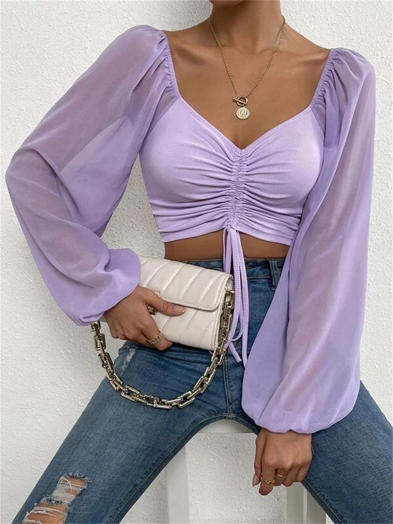 maoxiangshop Fashion Sexy Low-cut Long Sleeve Crop Tops Women Summer Autumn Slim Solid Top Femme And Blouses Chiffon Shirt