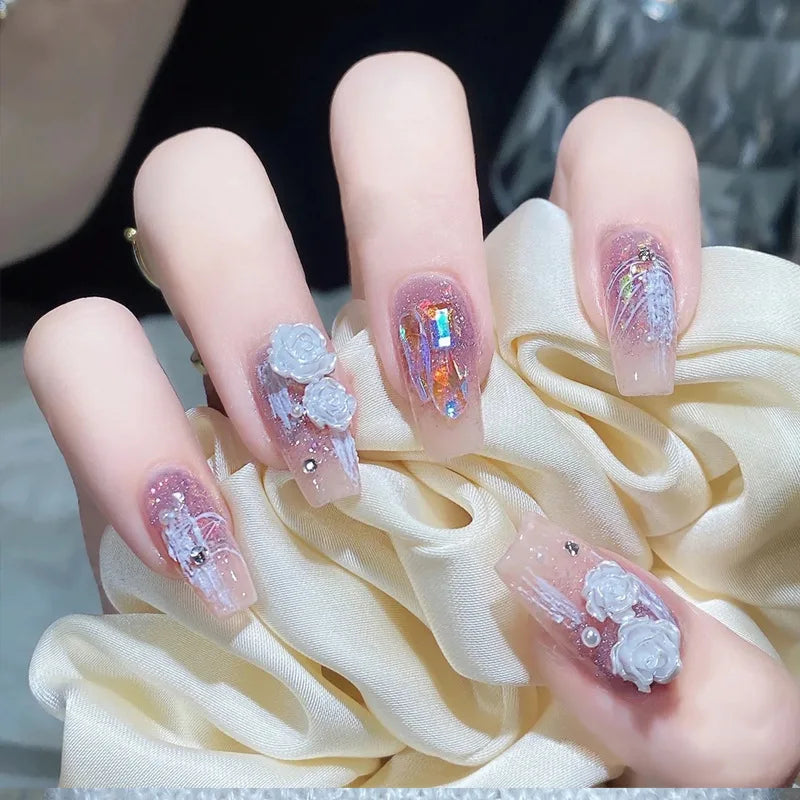 maoxiangshop 24pcs Wearable Pink Press On Fake Nails Tips With Glue false nails design Butterfly Lovely Girl false nails With Wearing Tools