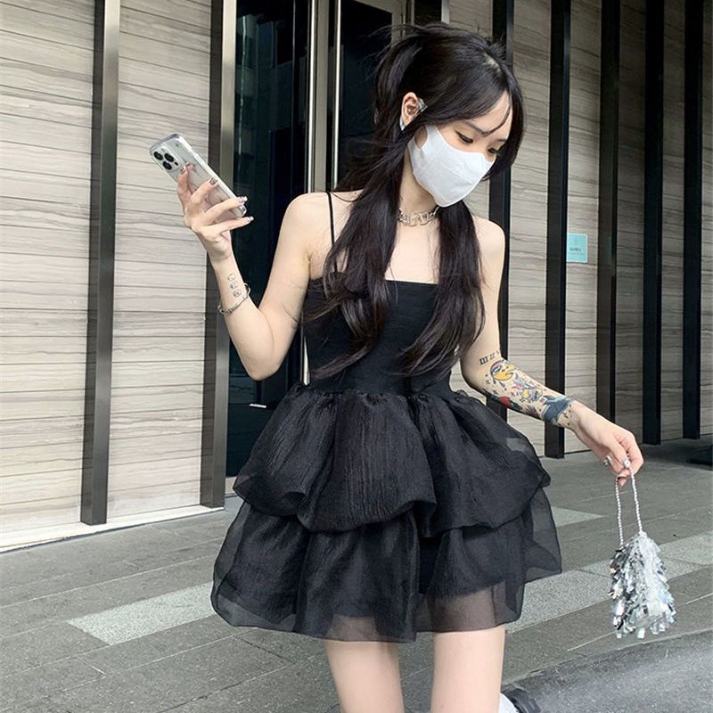 maoxiangshop Black Mini Dress for Women Mesh Spaghetti Strap Hotsweet Streetwear Chic Summer Y2k Gothic Vintage Vestidos Sexy Mujer Ball Gown