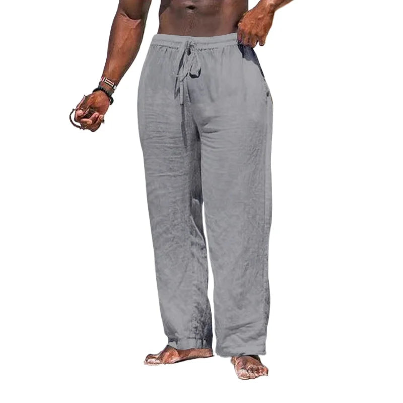 maoxiangshop Summer Cotton Pants Casual Long Fitness Breathable Pants Linen Lightweight Drawstring Yoga Beach Trousers Solid Color Mens Pants