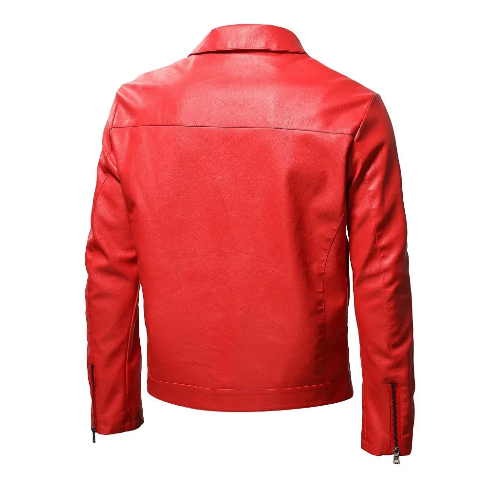 maoxiangshop Men Quality Casual PU Leather Coat Red Slim Rider Style Leather Jacket Popular Young Leather Jackets
