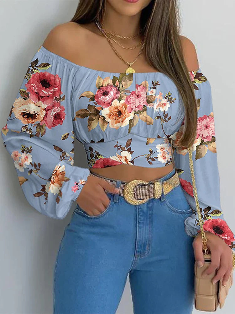 maoxiangshop Women Sexy Off Shoulder Printing Blouses Chic and Elegant Lantern Long Sleeve Lace Up Bow Cropped Tops Casual Slim Shirts