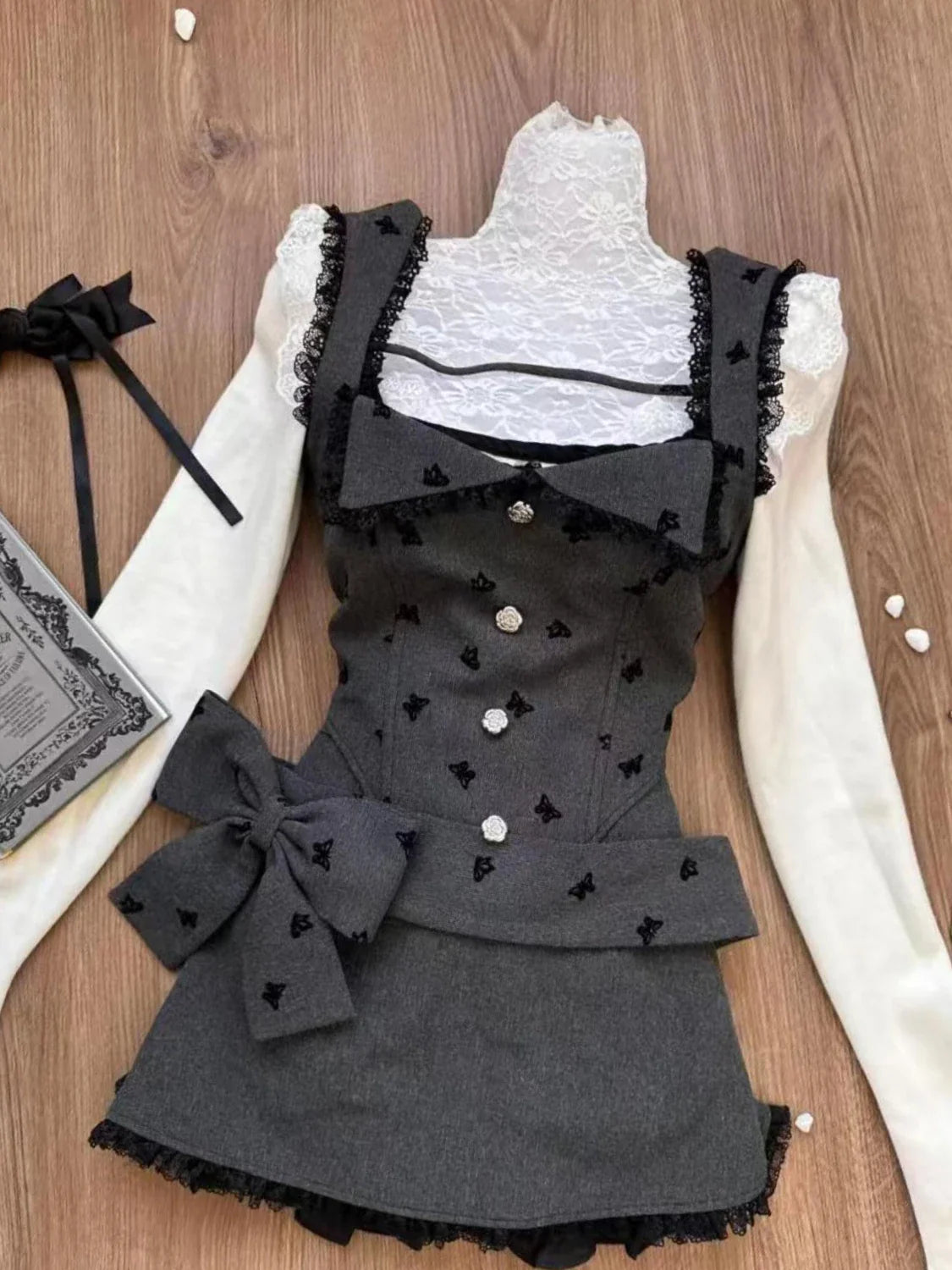 maoxiangshop - Sweet Cute White Ruffled Tops+Lace Edge Grey Vest+slimming High Waisted Skirt 3 Piece Set for Women Winter Japanese Skirt Suit