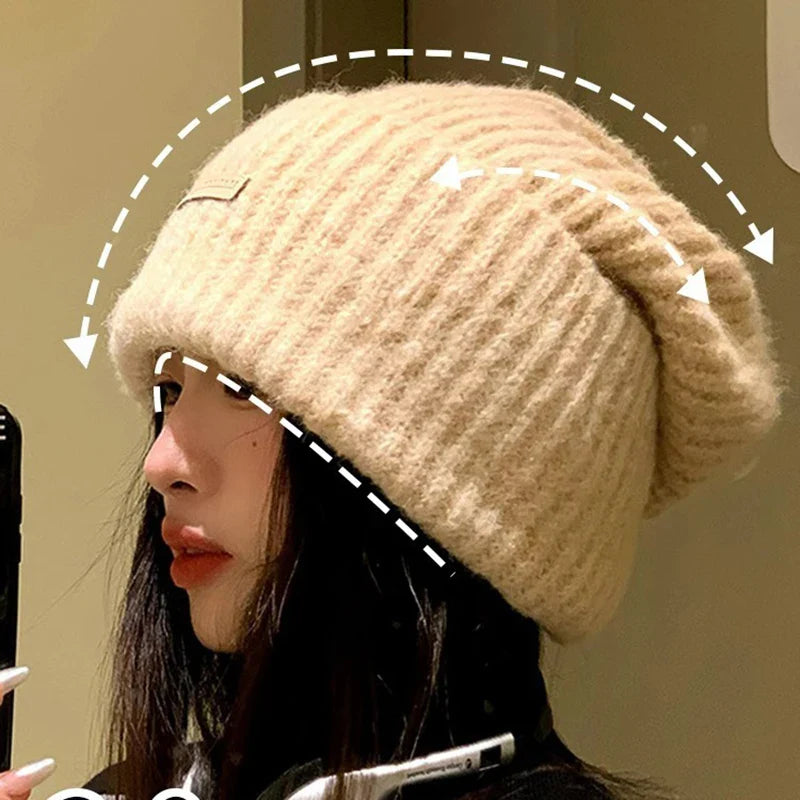 maoxiangshop - Knitted Heap Heap Beanie Hat for Women Solid Leather Label Pullover Cap Winter Thickened Warm Woolen Hats Outdoor Cycling Bonnet