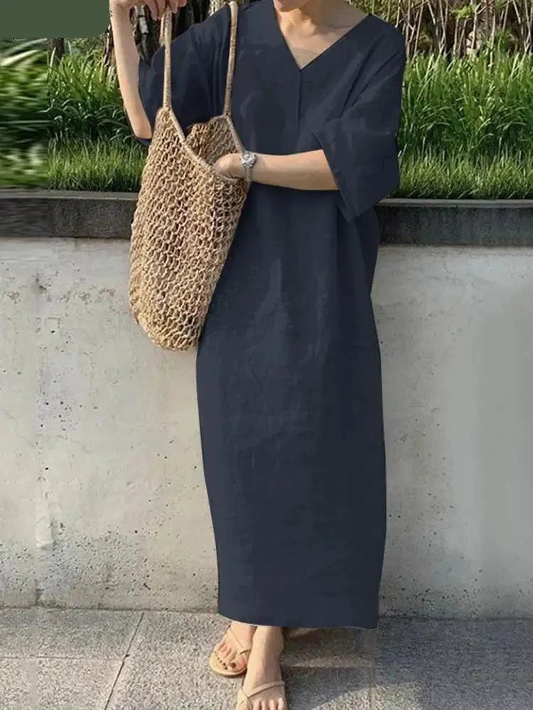 maoxiangshop Women Fashion Elegant Dress Summer Short Sleeve V-Neck Solid Sundress Casual Holiday Loose Robe Mid-Calf Length Vestidos