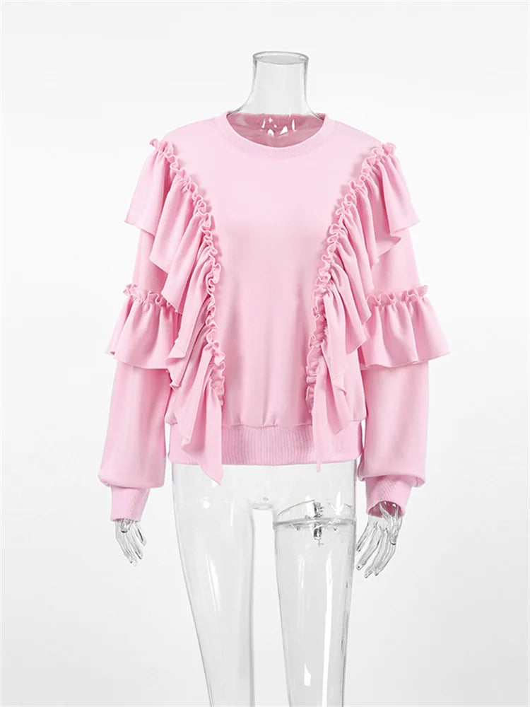 maoxiangshop - Autumn Knit Ruffled Pullover Women's Patchwork Fashion Loose Solid High Waist Knitwear Sweatshirts Female Elegant Hoodies