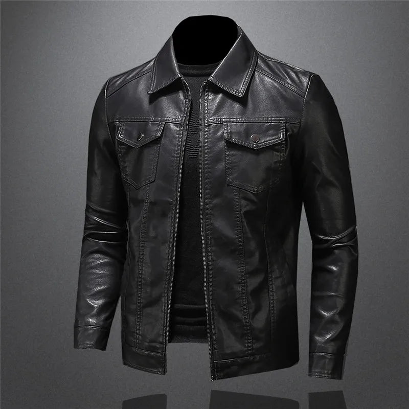 maoxiangshop Men Luxury Black Faux Leather Jackets Men Zipper PU Coat Turn Down Collar Multi-pocket Slim Fit Clothing Man Plus Size 5XL-M