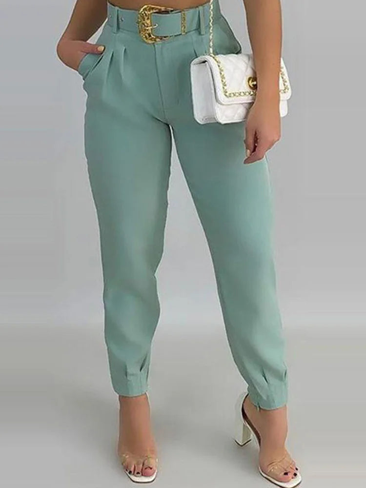 maoxiangshop Solid Ruffles Backless Knotted Crop Tops & Pocket Design Belted Pants Set Casual Women Two Piece Set Outfits