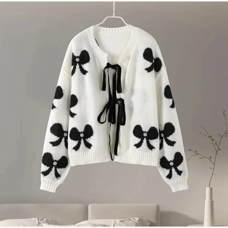 maoxiangshop - Bow Lace Up Knitted Women Sweater Preppy Hollow Out O-neck Long Sleeve Female Cardigan Autumn Patchwork Lady Knitwear