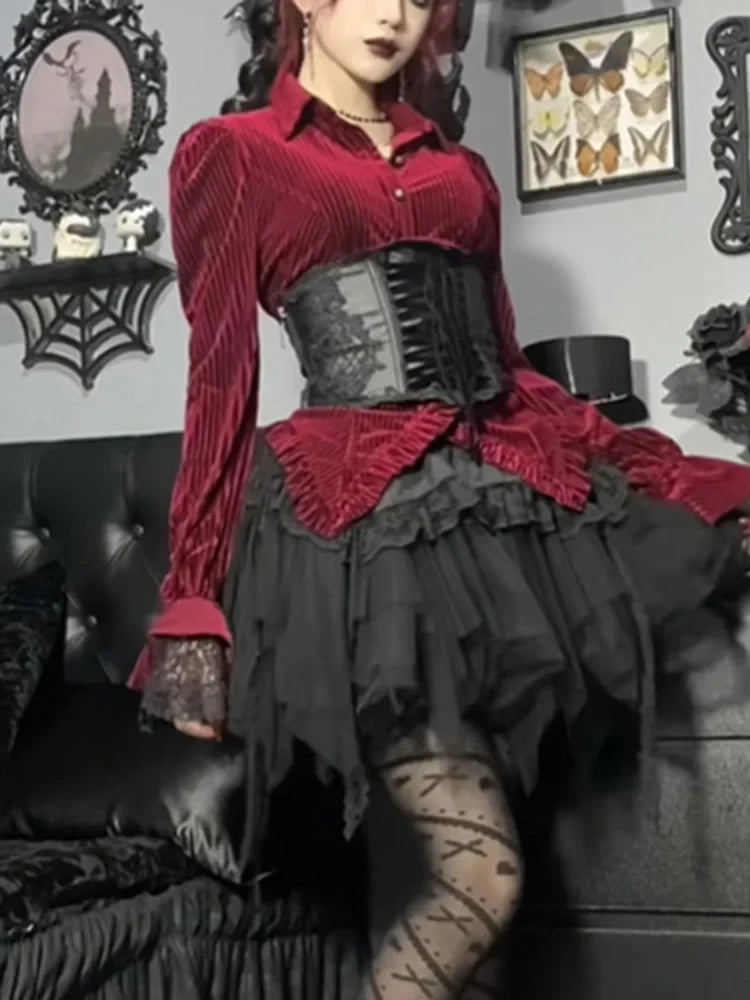 maoxiangshop Aesthetic Gothic Red Velvet Shirts Women Streetwear Fairy Grunge Long Sleeve Lace Patchwork Blouse Emo Alt Rave Outfits