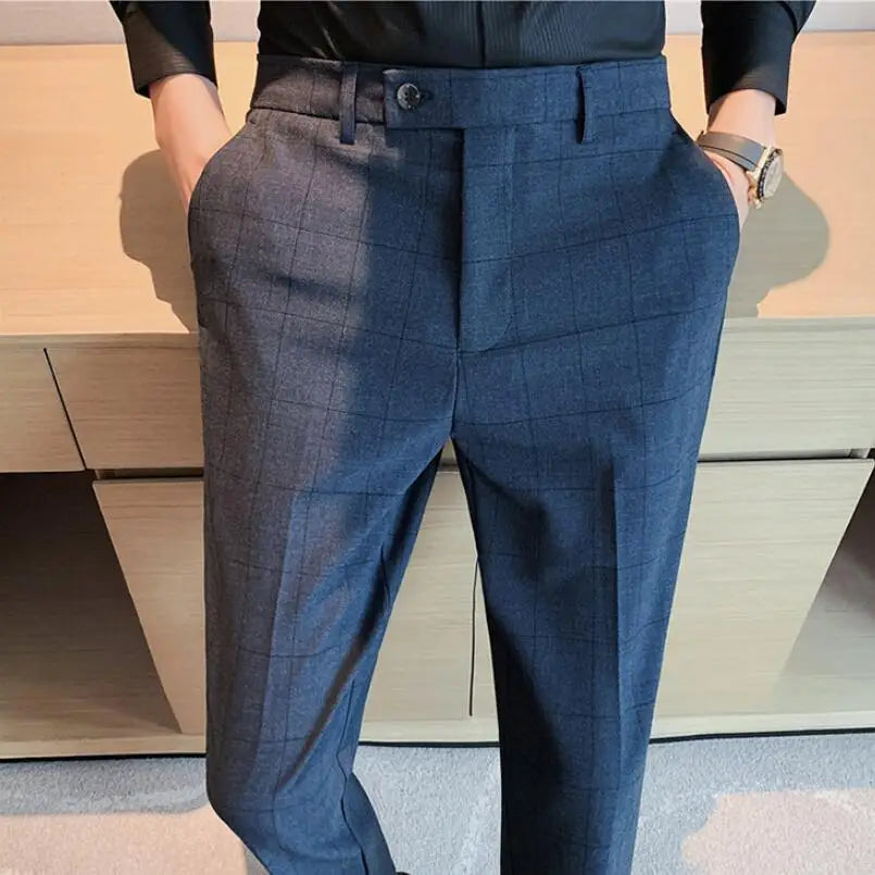 maoxiangshop High Quality Men's Formal Pants Office Social Business Fashion Plaid Suit Pants Casual Slim Wedding Street Wear Trousers