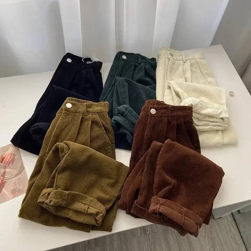 maoxiangshopRetro High Waist Corduroy Pants Women Spring Fall Straight Causal Full Length Trousers Korean Fashion Baggy All Match Black Pant