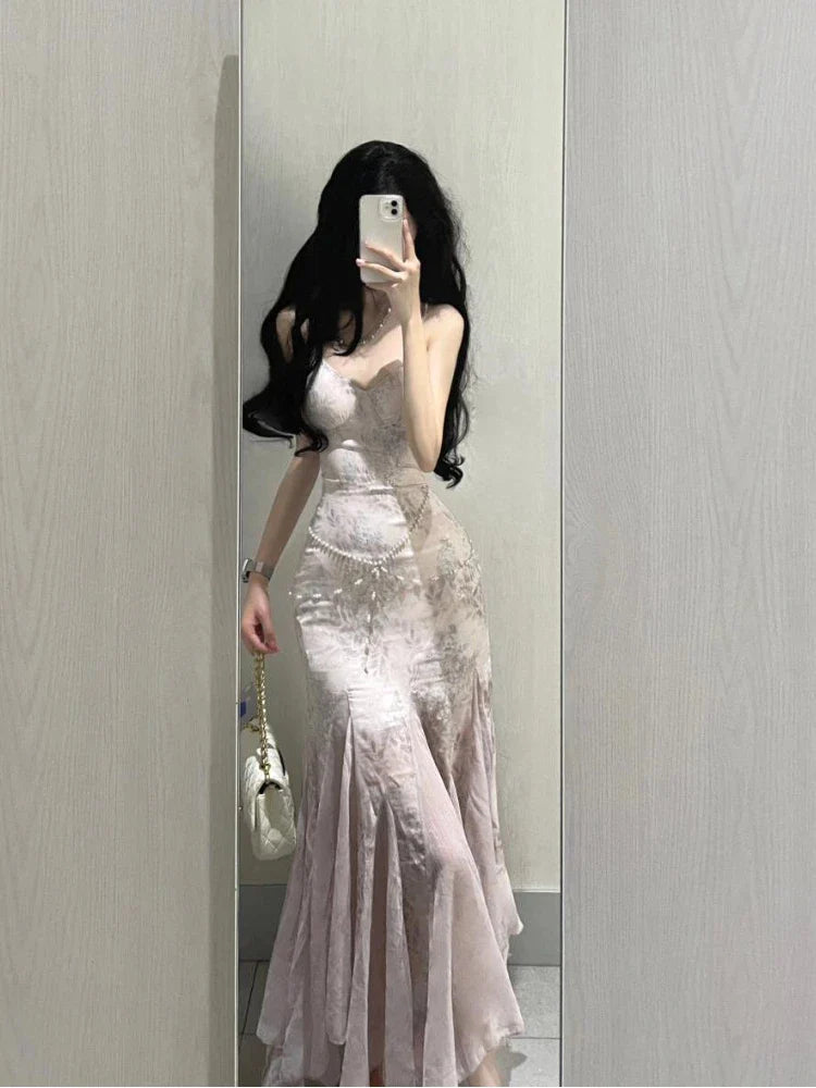 Summer France Princess Vintage One Piece Dress Women V Neck Sexy Y2k Elegant Evening Party Dress Female Slim High Street Clothes