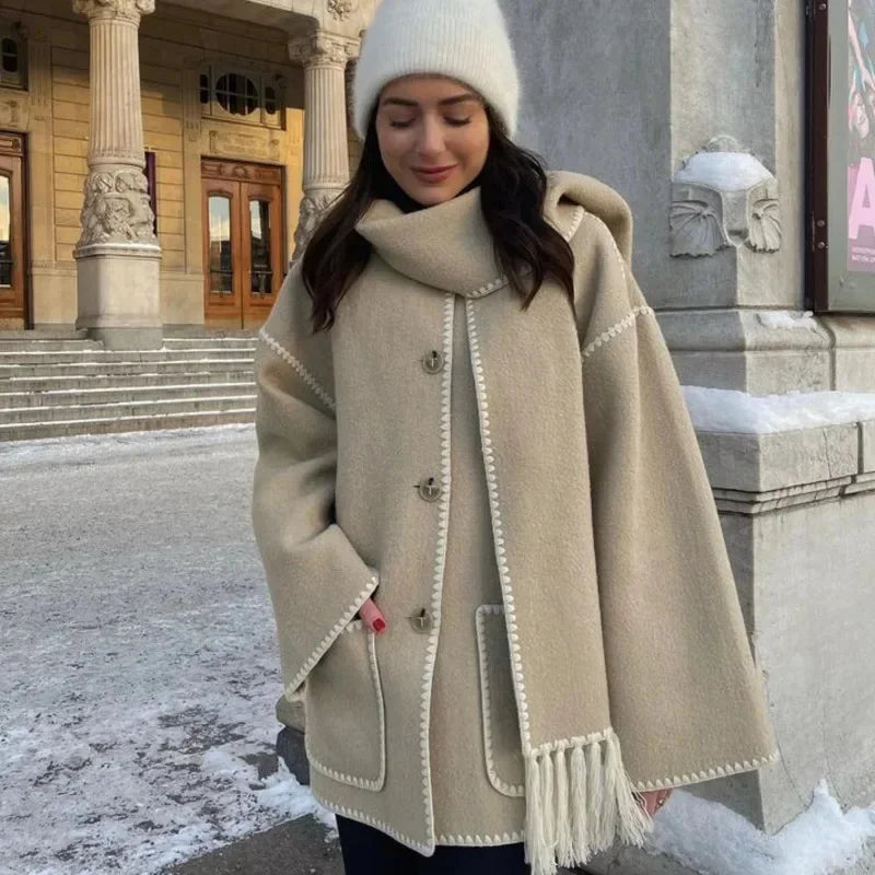 maoxiangshop - Fashion Loose Women Coat With Scarf Long Sleeve Pocket Single Breasted Female Coat 2024 Autumn Winter Fashion Lady Street Jacket