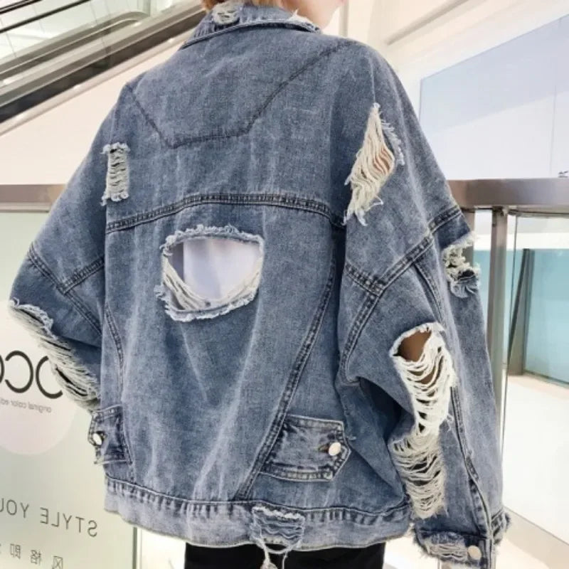 maoxiangshop Fashion Blue Ripped Denim Jacket Y2K Distressed Streetwear Hip Hop Broken Hole Jeans Biker Jackets Men's Spring Jackets