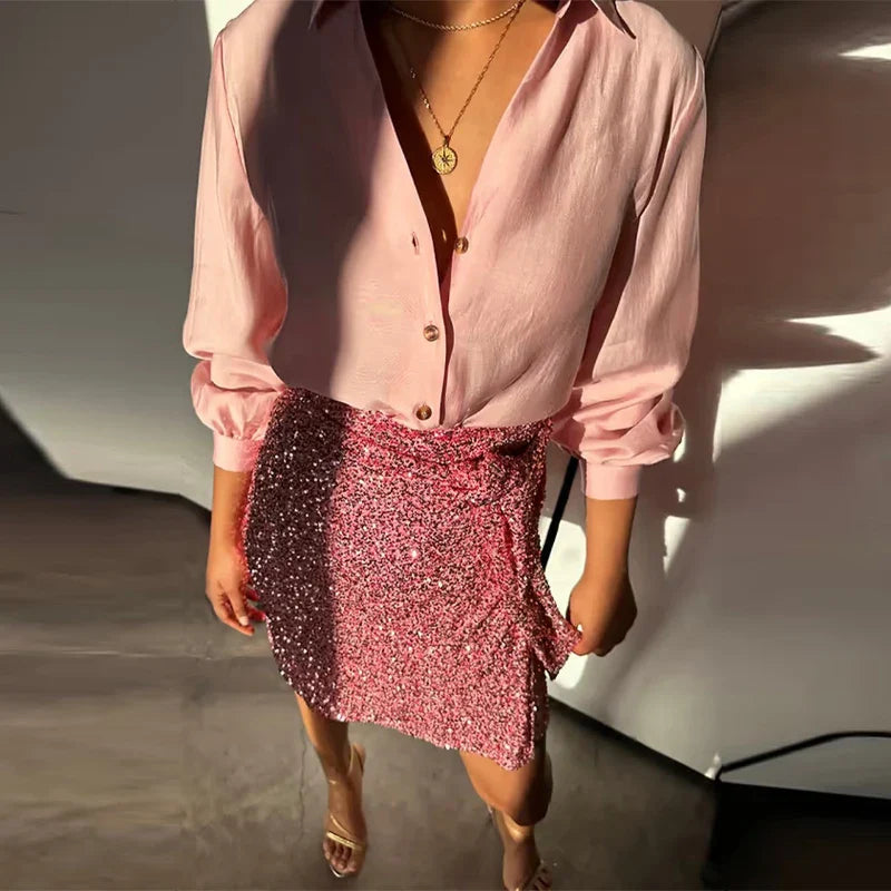 maoxiangshop - Sequin Glitter Knotted Mini Skirt Women Fashion Evening Party Split Bodycon Skirts Female Chic 2024 Autumn Colorful Club Robe