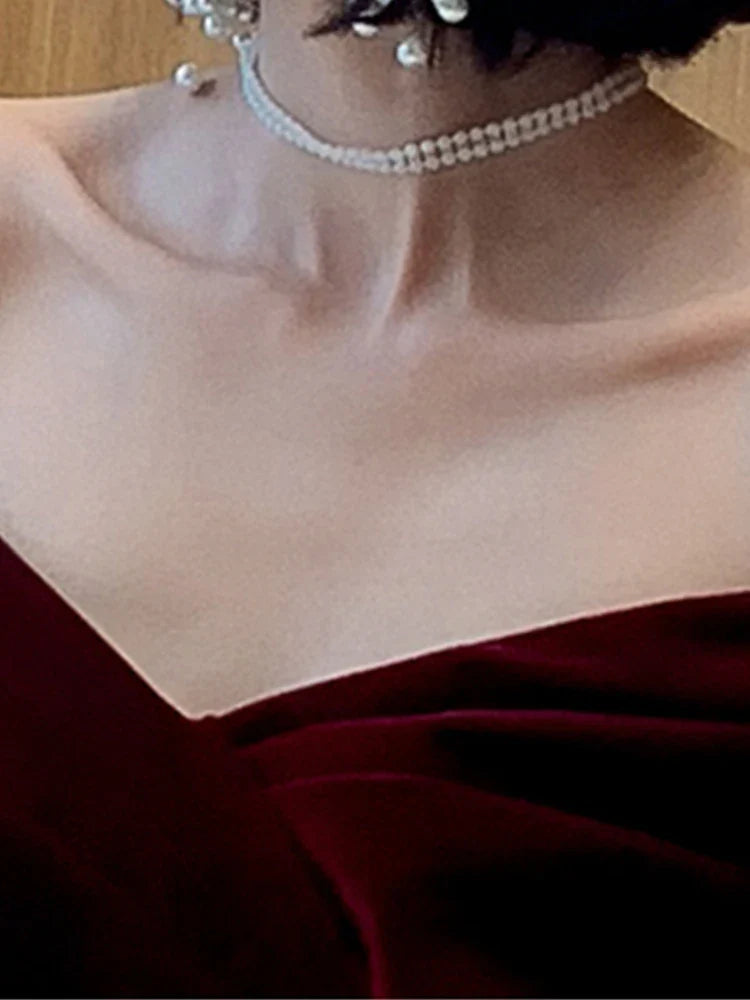 maoxiangshop Spring Long Luxury Elegant Wine Red Soft Velvet Evening Party Wedding Dresses for Women Off Shoulder Maxi Dress
