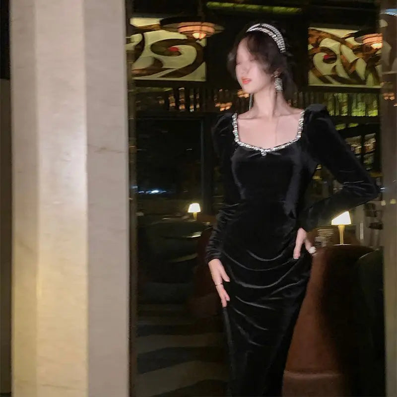 maoxiangshop - Spring Korea Fashion Evening Party Dress Woman Casual Black Velvet Midi Dress Slim Long Sleeve Vintage Dress Elegant Female