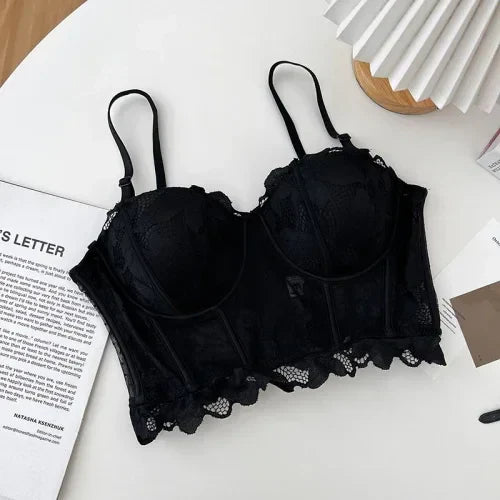 maoxiangshop French Chic Sexy Crop Top Women Lace Sheer Spaghetti Strap Corselet Female Tank Tops Built in Bra Backless Skinny Camis