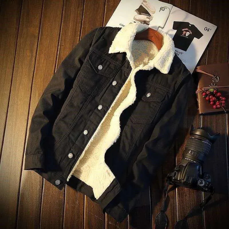 maoxiangshop Autumn and Winter New Men Fashion Trend Lamb Cashmere Denim Jacket Male Casual Comfort Thick Warm High Quality Overcoat Thermal