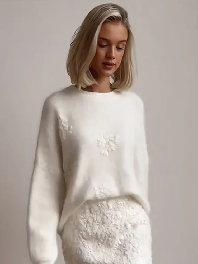 maoxiangshop - Fashion Lady Jacquard Embroidery Solid Knitted Sweater Casual O Neck Long Sleeves Loose Pullover Autumn Winter Chic Lady Jumpers