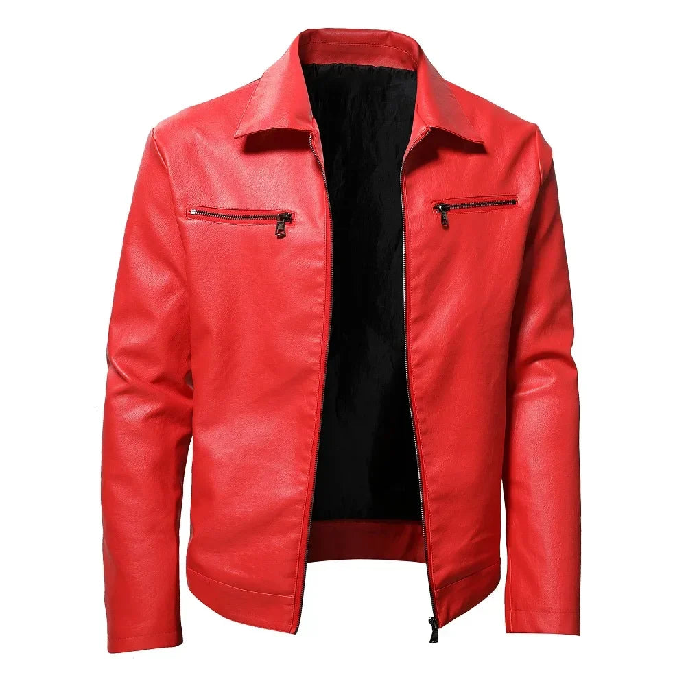 maoxiangshop Men Quality Casual PU Leather Coat Red Slim Rider Style Leather Jacket Popular Young Leather Jackets
