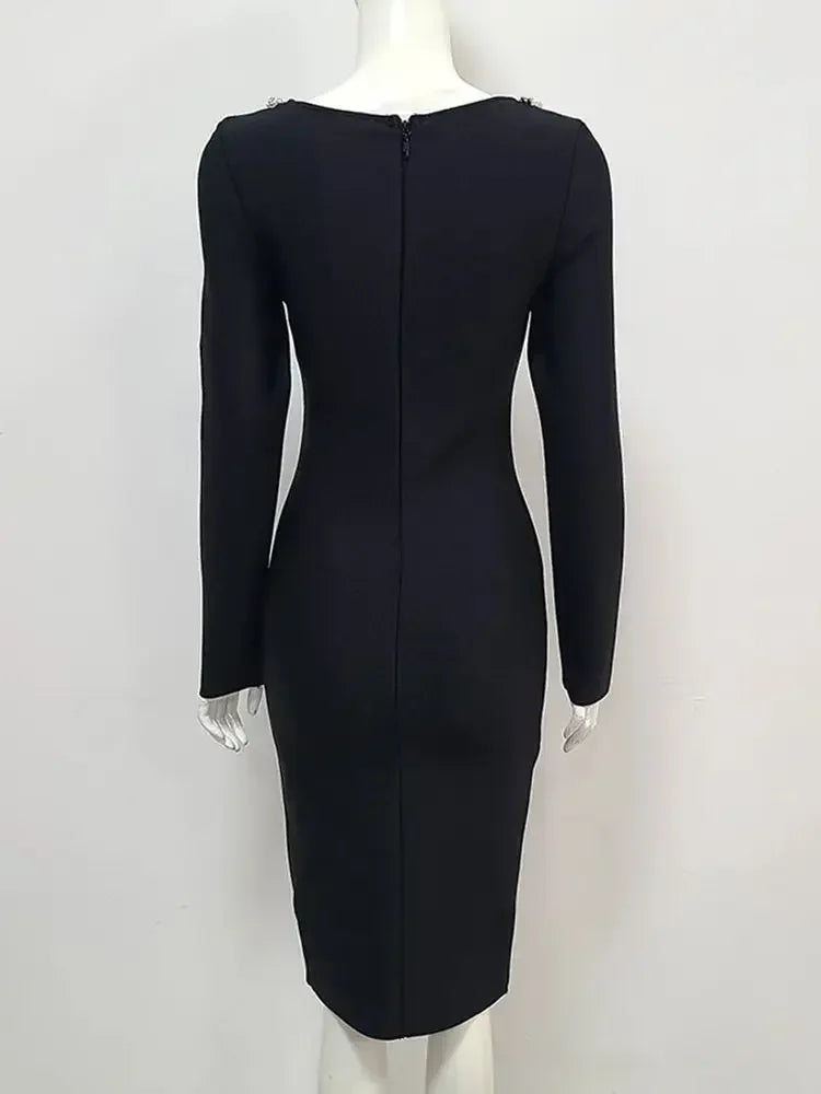 maoxiangshop New Summer Women's Black Long sleeved Luxury Diamond Hollow Tight and Sexy Celebrity Cocktail Party Bandage Dress