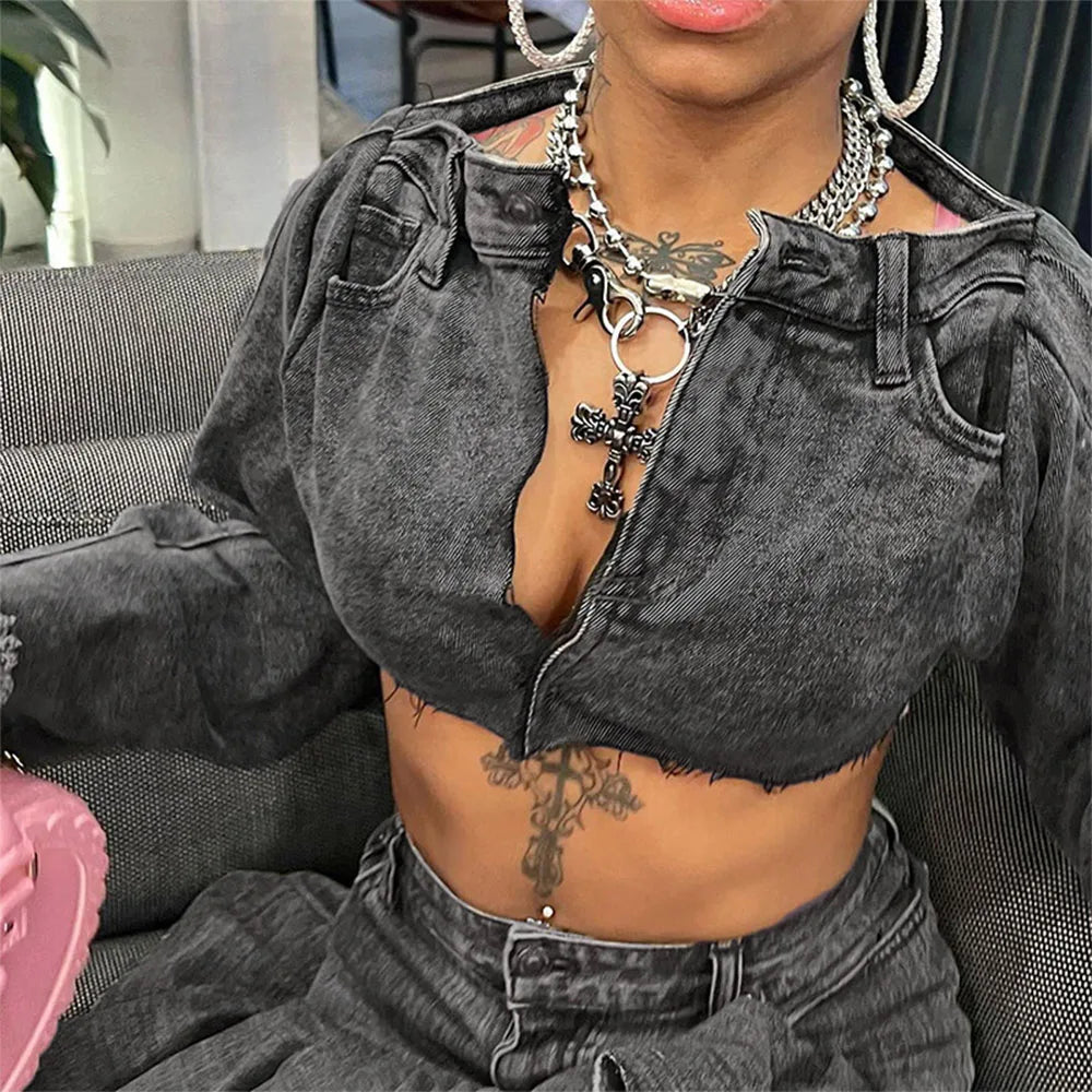 maoxiangshop - High Wiast Mini Dress Suits For Women Denim Slim Short Crop Tops And Folds Skirt Two Piece Set Womens Outfits Autumn