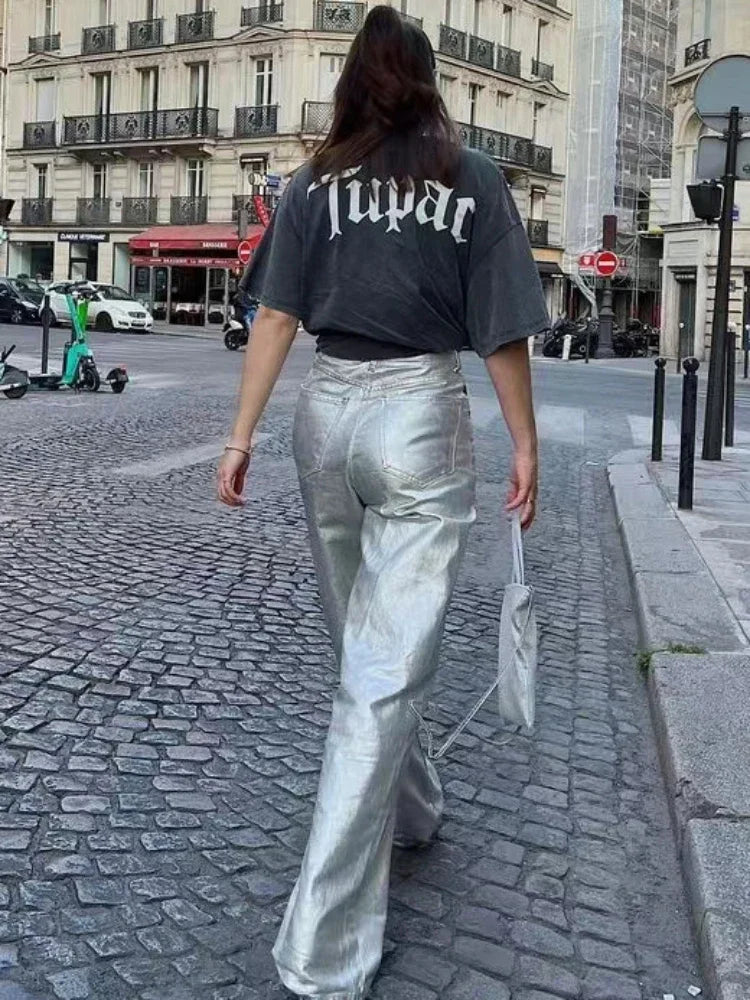 maoxiangshop - Loose PU Women Pants Solid Casual High Waist Pockets Fashion Streetwear Woman 2024 Autumn Winter New Baggy Bottoms Femme
