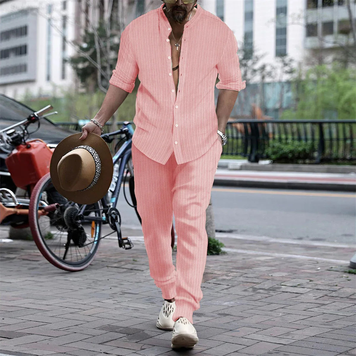 maoxiangshop Autumn Casual Simple Style Mens Sets Long-shirts Long Pants Solid All-match Henry Collar Striped Two-piece Sets S-3XL