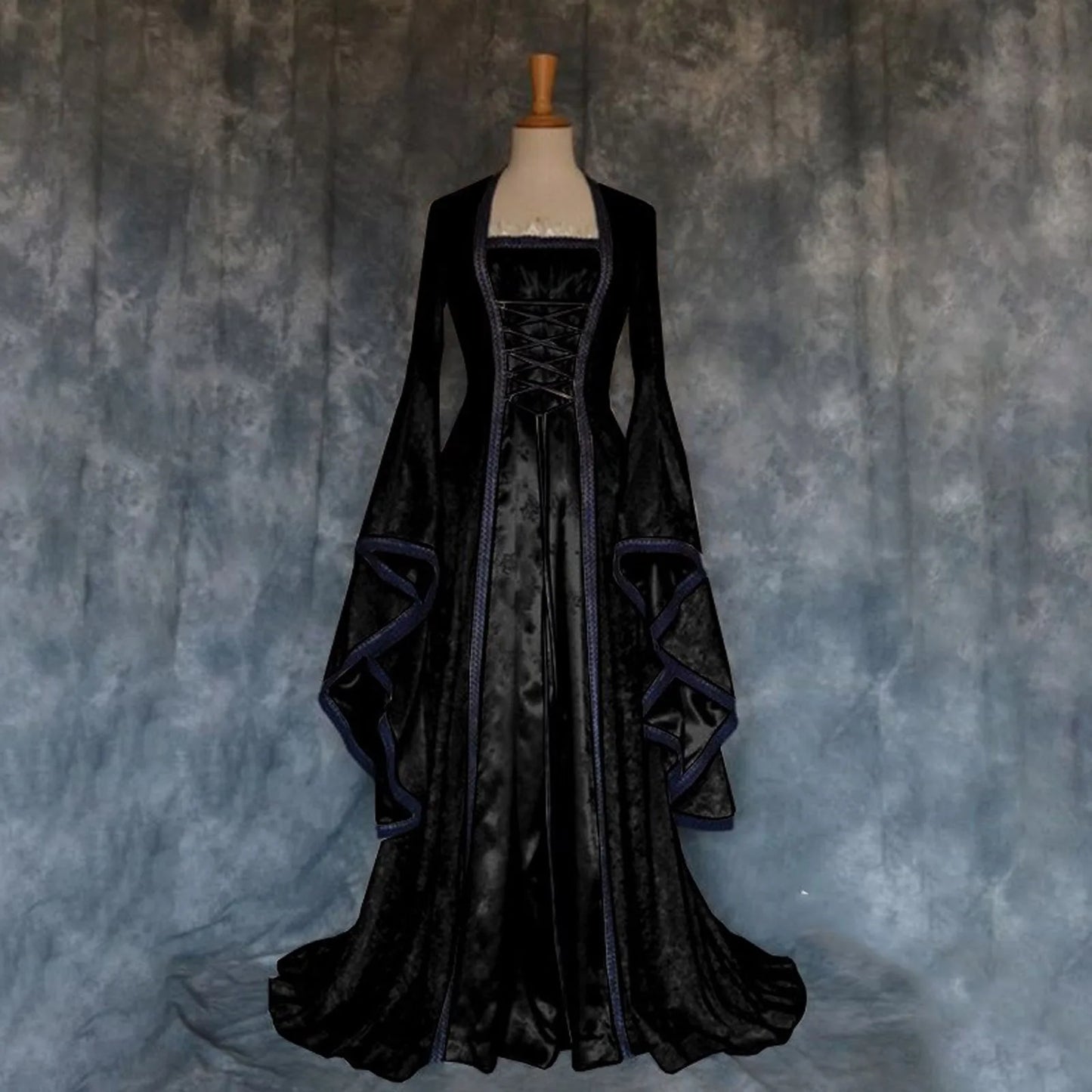 maoxiangshop - Gothic Victoria Medieval Vintage Costume For Halloween Cosplay Square Collar Long Batwing Sleeve Patchwork Lace-Up Long Dress